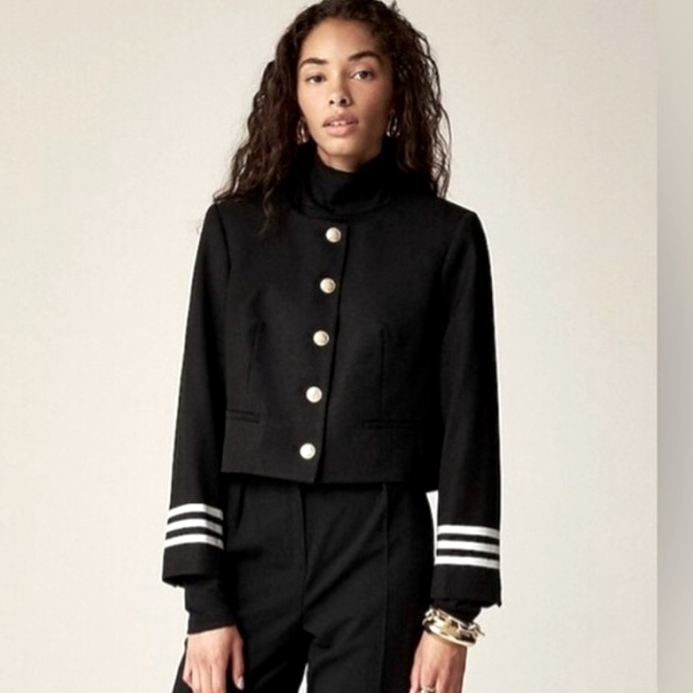 J Crew Collection Louisa Wool Blend Lady Jacket Black white striped cuff 10 $328